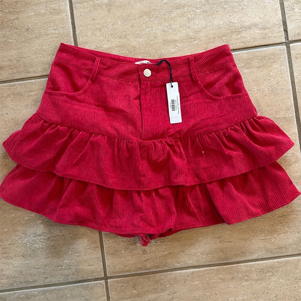 Red Corduroy Mini Skirt by Day + Moon